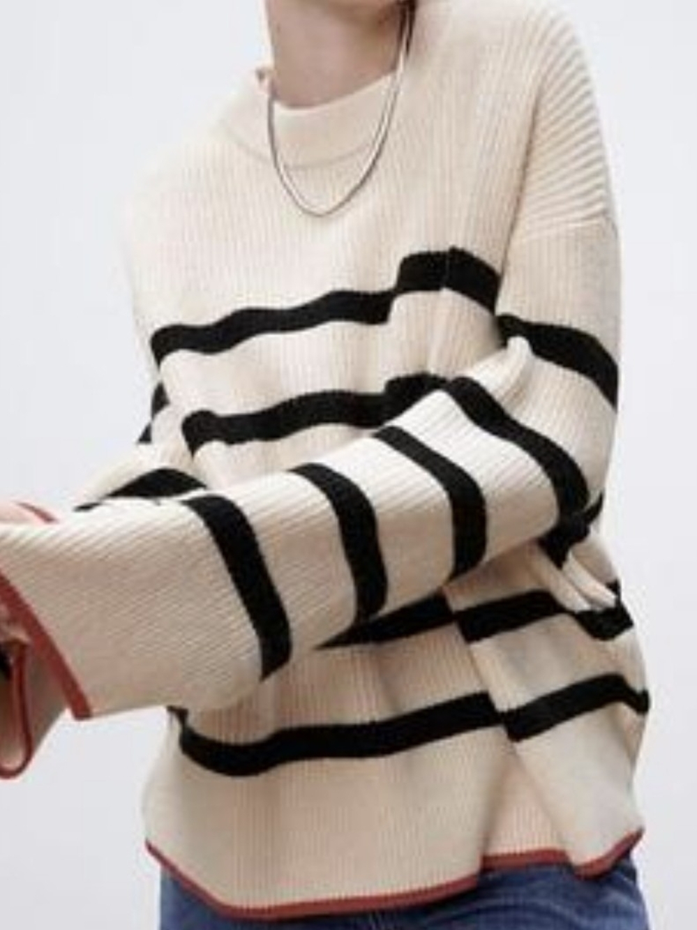 Zara Cream and Black Striped Crew Neck Sweater with Red Trim